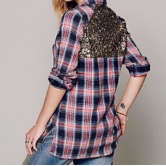 Free Peopke Plaid Flannel Red/Blue & Gold Sequined Button Down Shirt - Picture 7 of 7